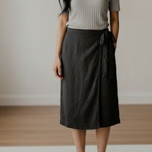 Vintage Neiman Marcus Black Linen Midi‎ Skirt Sz M Faux Wrap Straight Zip Flax